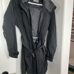 REI Black Trench Coat with Hood and Belt